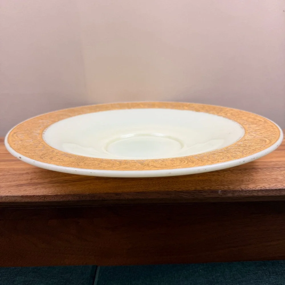Vintage Custard Glass Bowl Gold Encrusted Etched Rim Uranium Glass 10.5 Inch